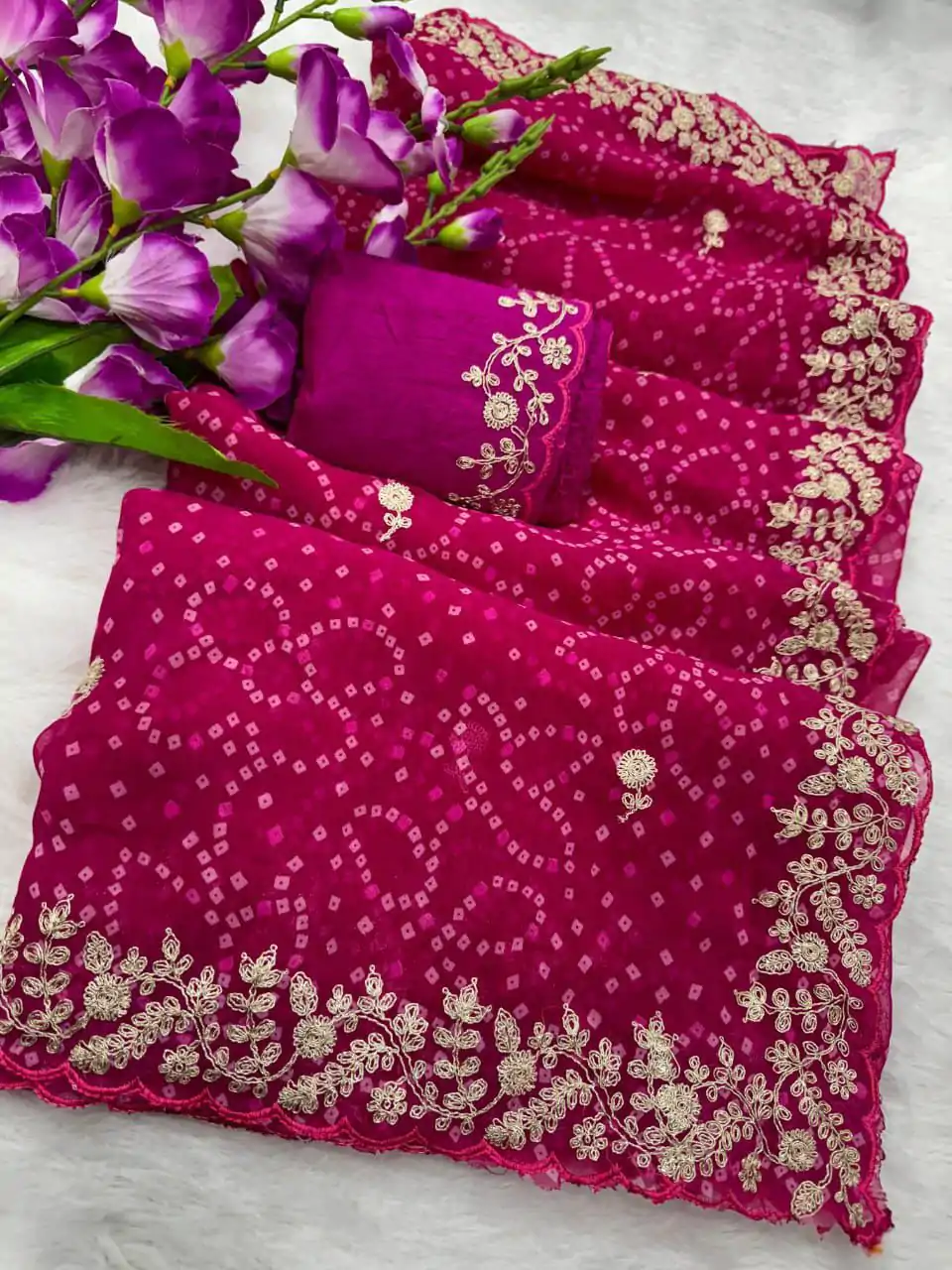 Beautiful Pink Color Georgette Bandhni Print With Sober Pita Work Embroidery Saree - Image 3