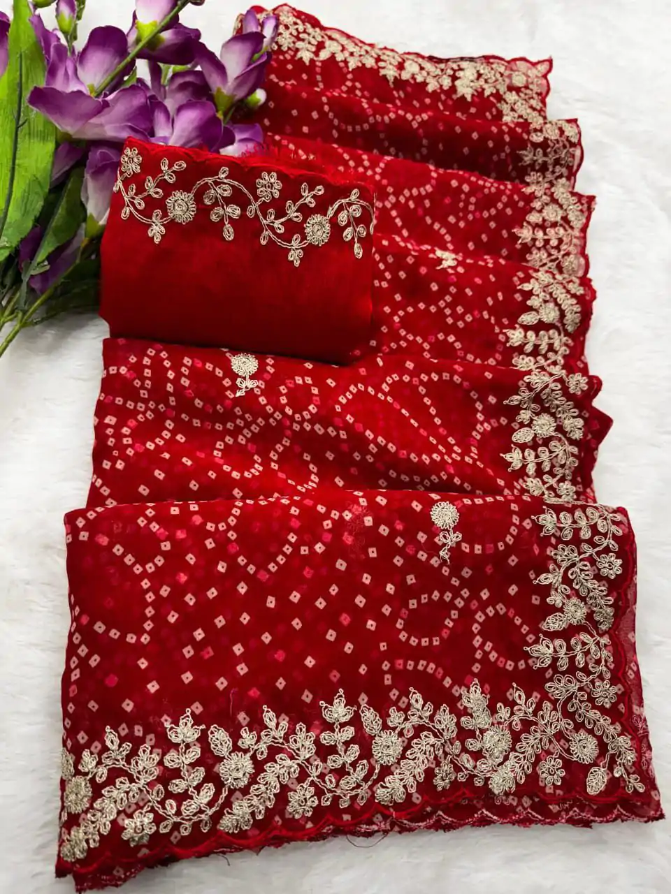 Beautiful Red Color Georgette Bandhni Print With Sober Pita Work Embroidery Saree - Image 2