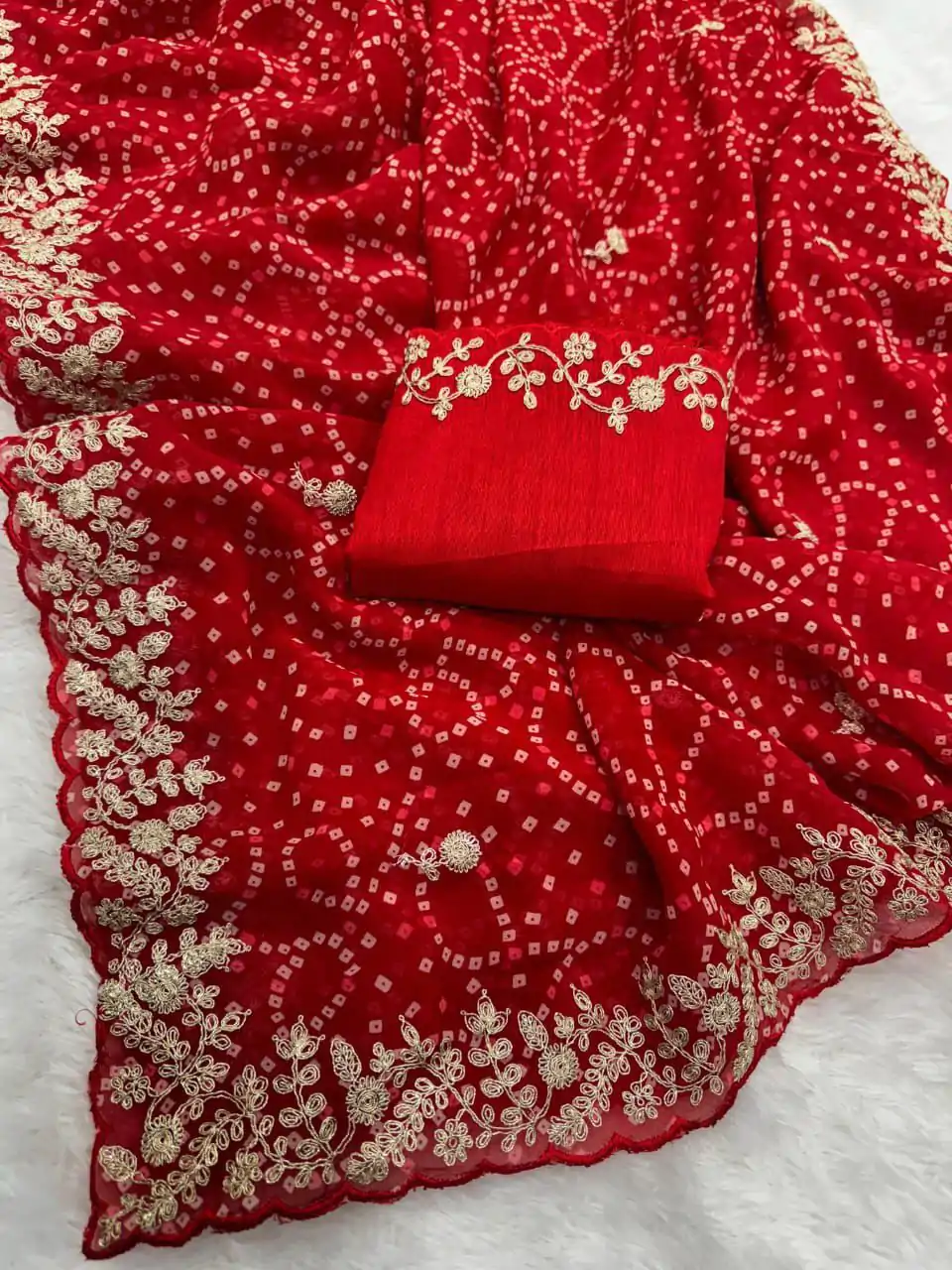 Beautiful Red Color Georgette Bandhni Print With Sober Pita Work Embroidery Saree - Image 3
