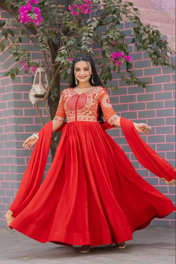 Beautiful Red Color chinon bandhrej Heavy 3mm Sequence Embroidery Work Anarkali  Gown