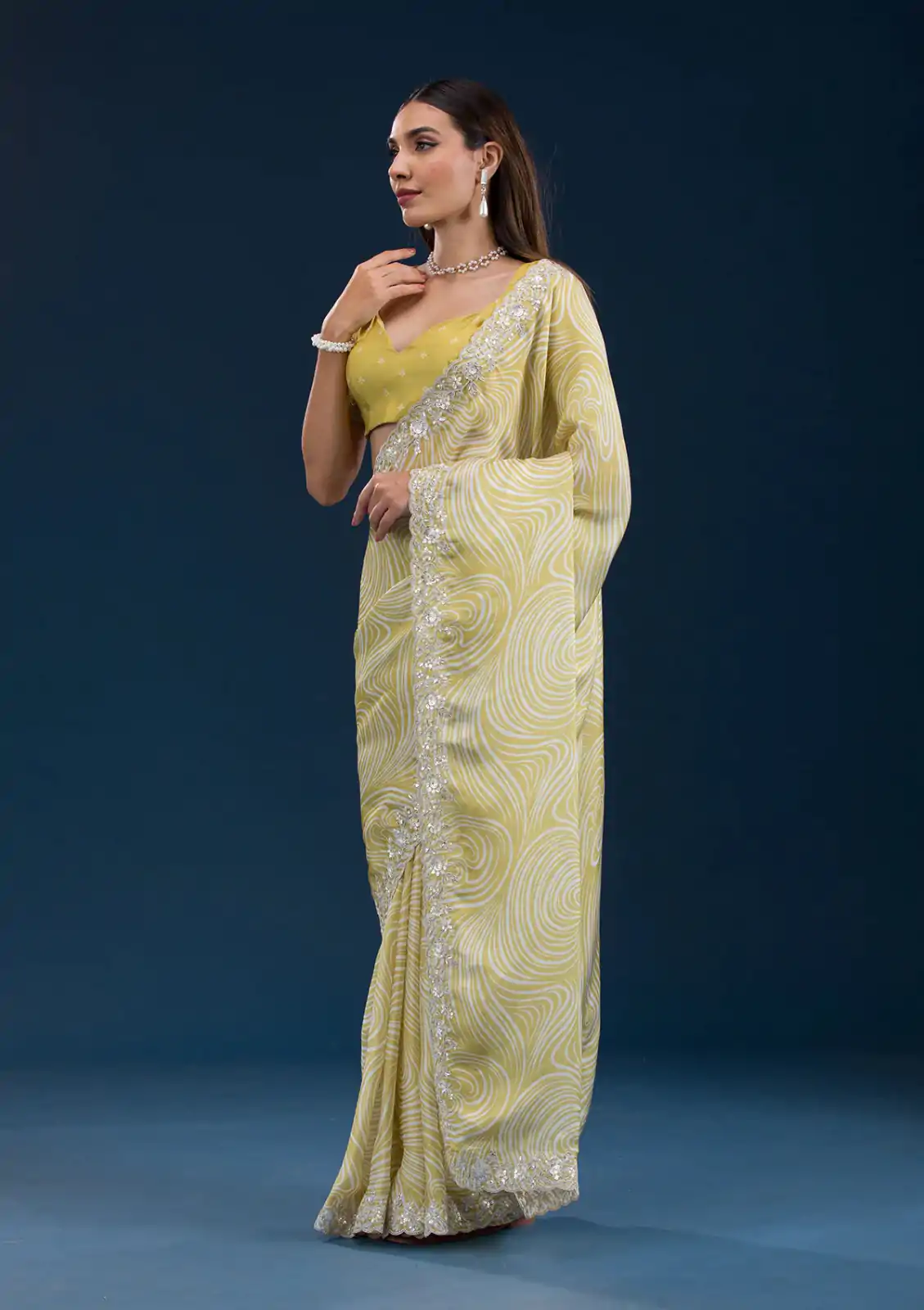 Classic Lemon Yellow Color Georgette Digital Prints & Embroidery Codding Sequins Work Saree - Image 2