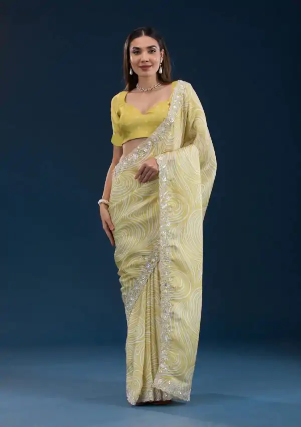 Classic Lemon Yellow Color Georgette Digital Prints & Embroidery Codding Sequins Work Saree
