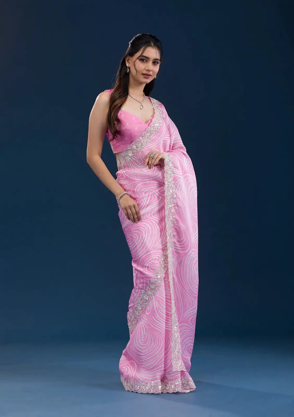 Classic Light Pink Color Georgette Digital Prints & Embroidery Codding Sequins Work Saree - Image 2