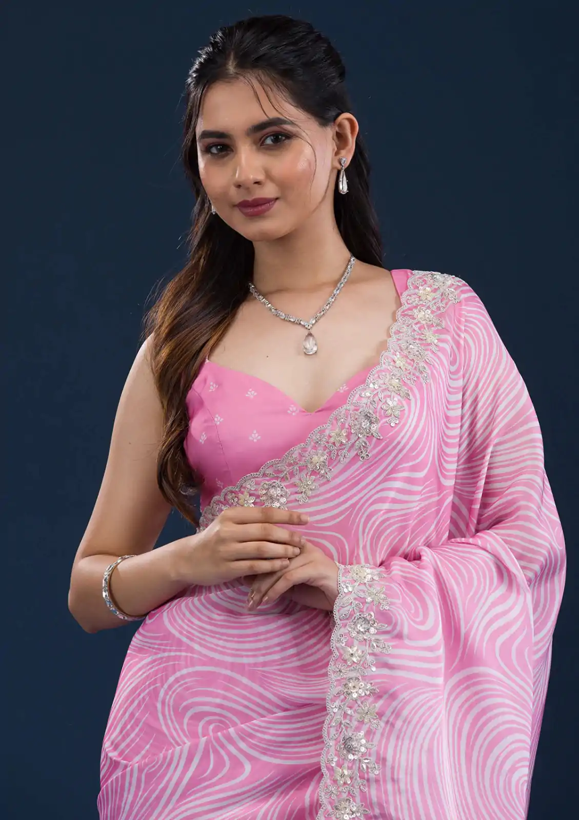 Classic Light Pink Color Georgette Digital Prints & Embroidery Codding Sequins Work Saree - Image 3