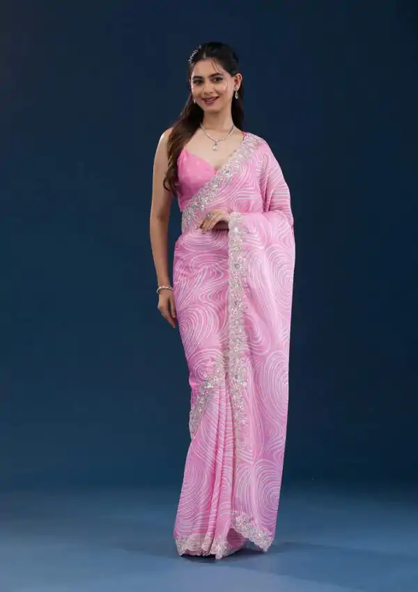 Classic Light Pink Color Georgette Digital Prints & Embroidery Codding Sequins Work Saree