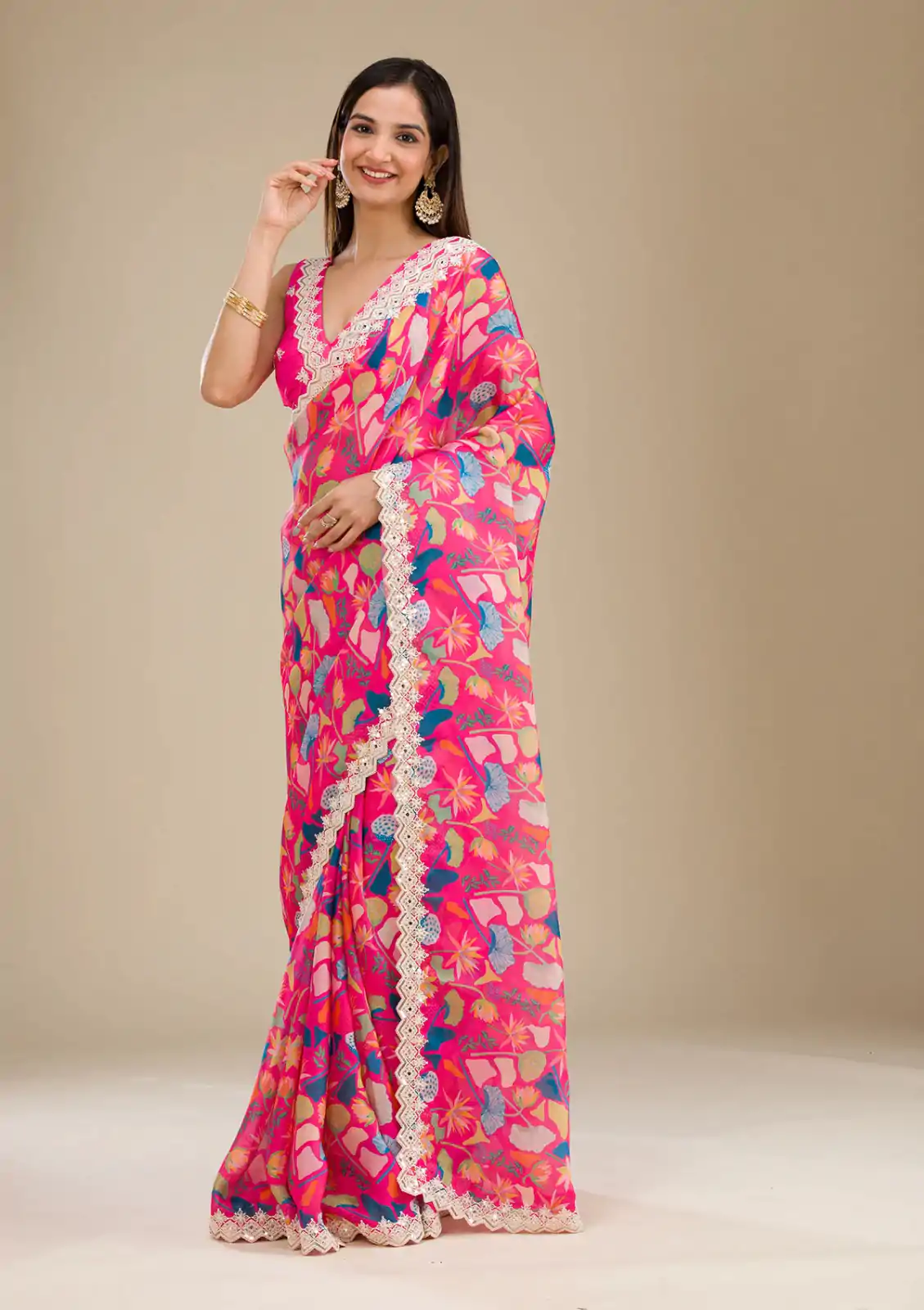 Wonderful Peach Color Georgette Digital Prints & Embroidery Codding Sequins Work Saree - Image 2