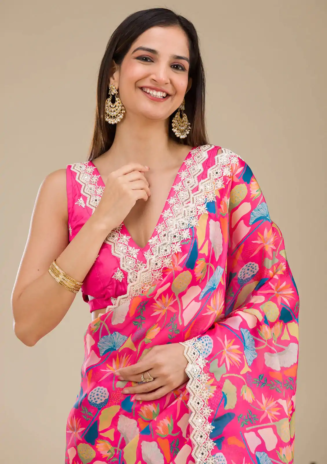 Wonderful Peach Color Georgette Digital Prints & Embroidery Codding Sequins Work Saree - Image 3