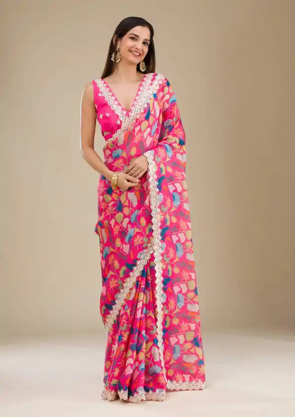 Wonderful Peach Color Georgette Digital Prints & Embroidery Codding Sequins Work Saree