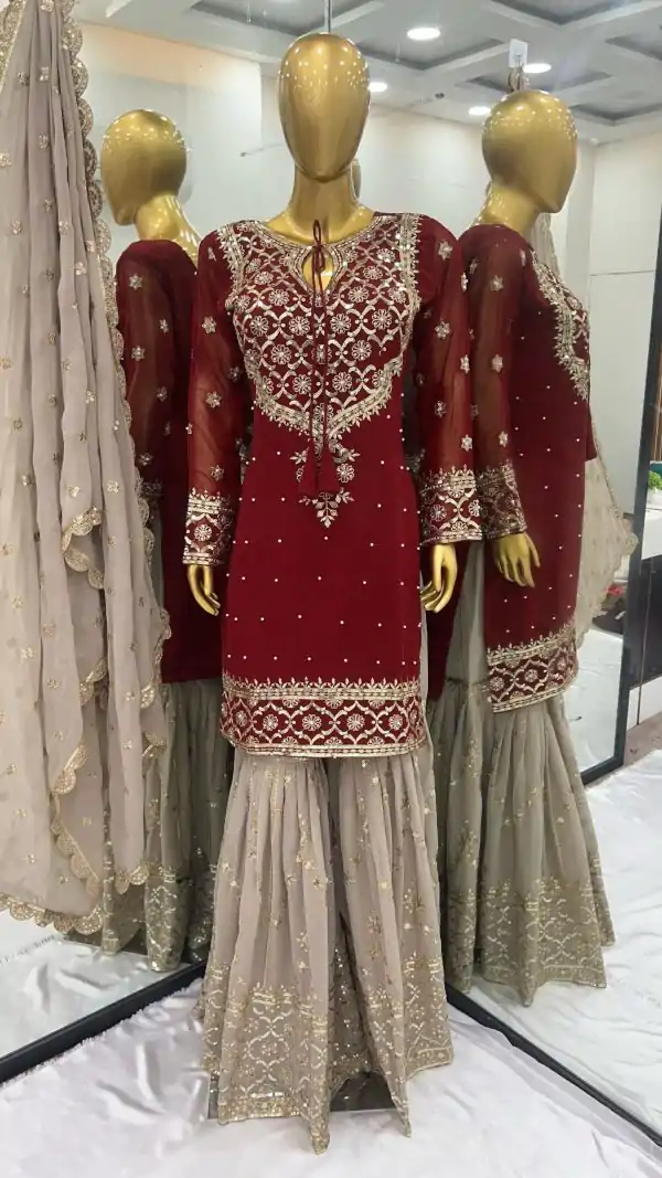 Classic Red Color Faux Georgette With 5mm Embroidery Sequence Thread Work Salwar Suit