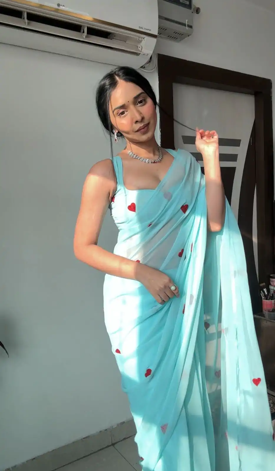 Classic Sky Blue soft Georgette silk with embroidery red color heart design Saree - Image 3