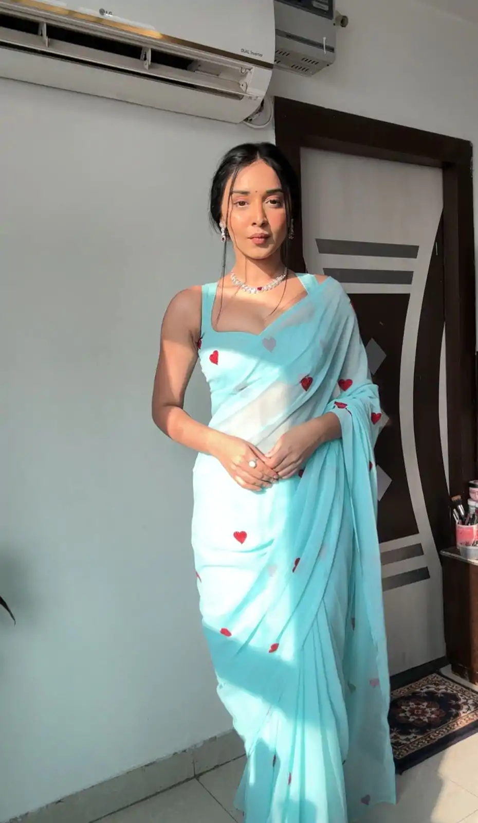 Classic Sky Blue soft Georgette silk with embroidery red color heart design Saree