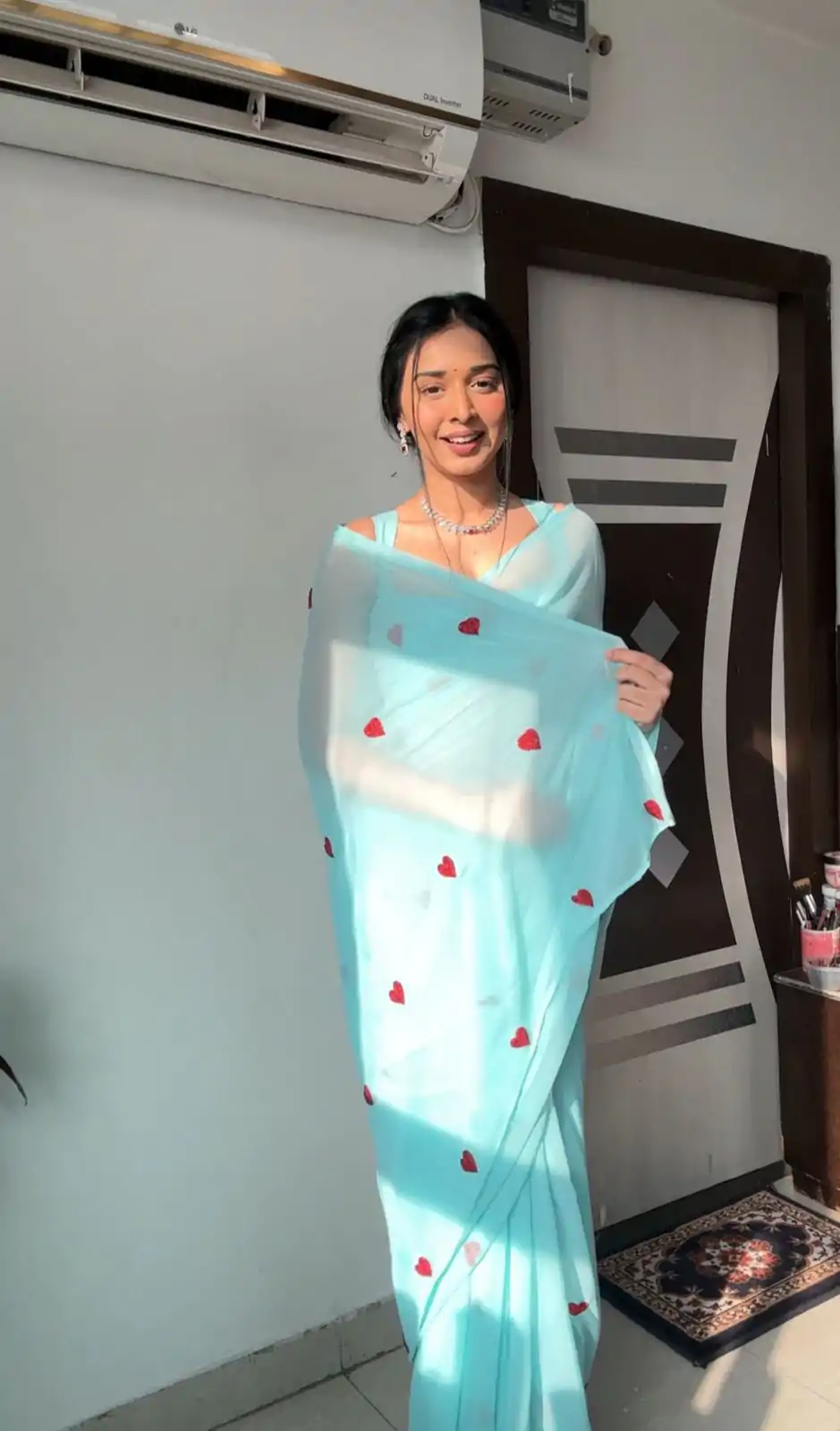 Classic Sky Blue soft Georgette silk with embroidery red color heart design Saree - Image 4