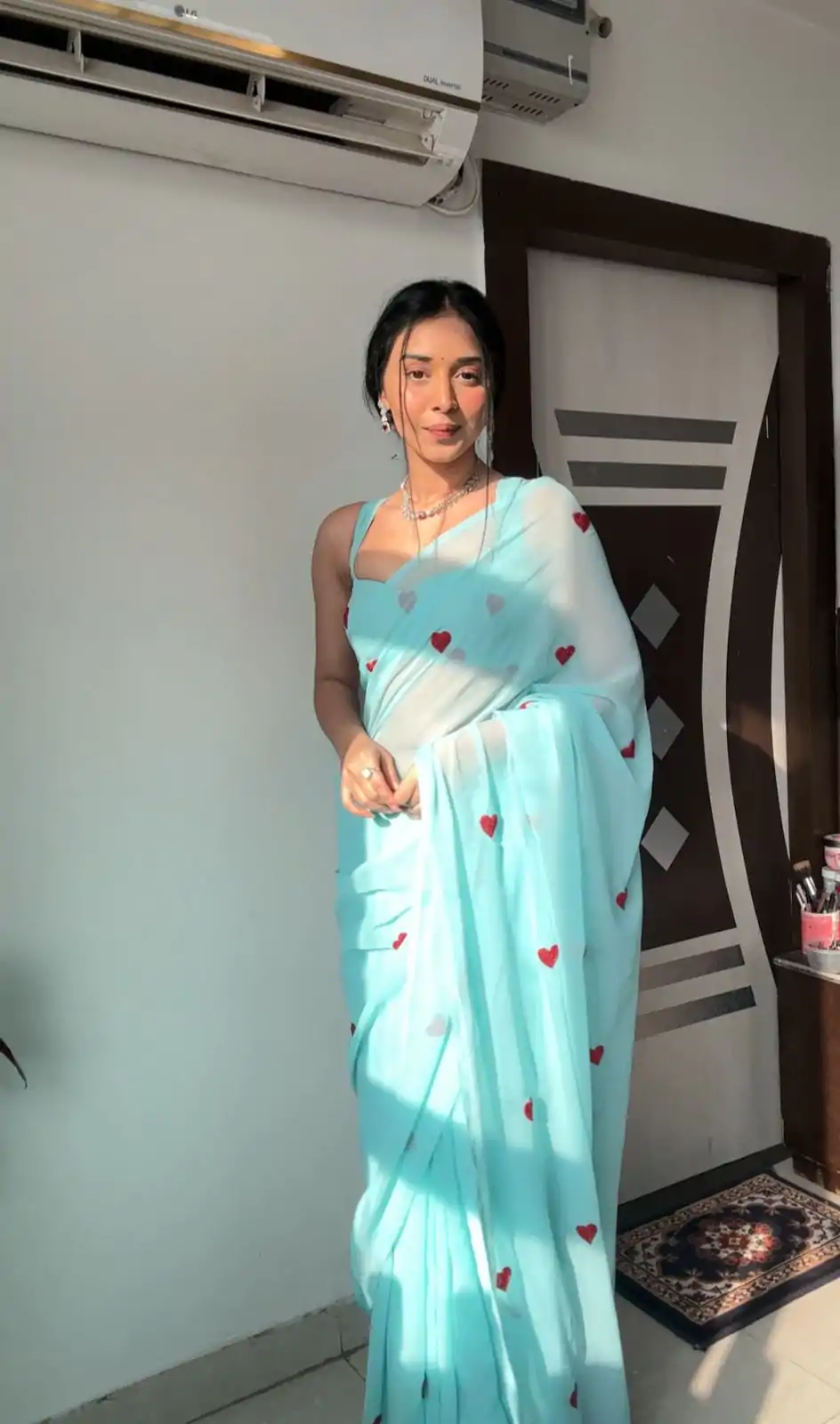 Classic Sky Blue soft Georgette silk with embroidery red color heart design Saree - Image 5