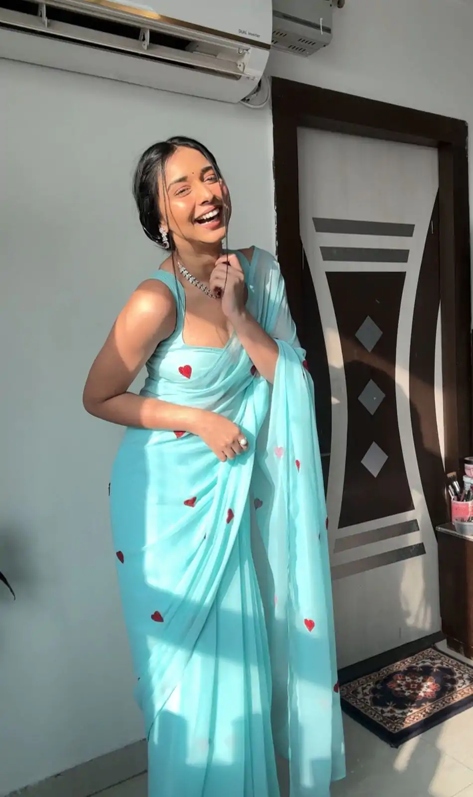 Classic Sky Blue soft Georgette silk with embroidery red color heart design Saree - Image 6