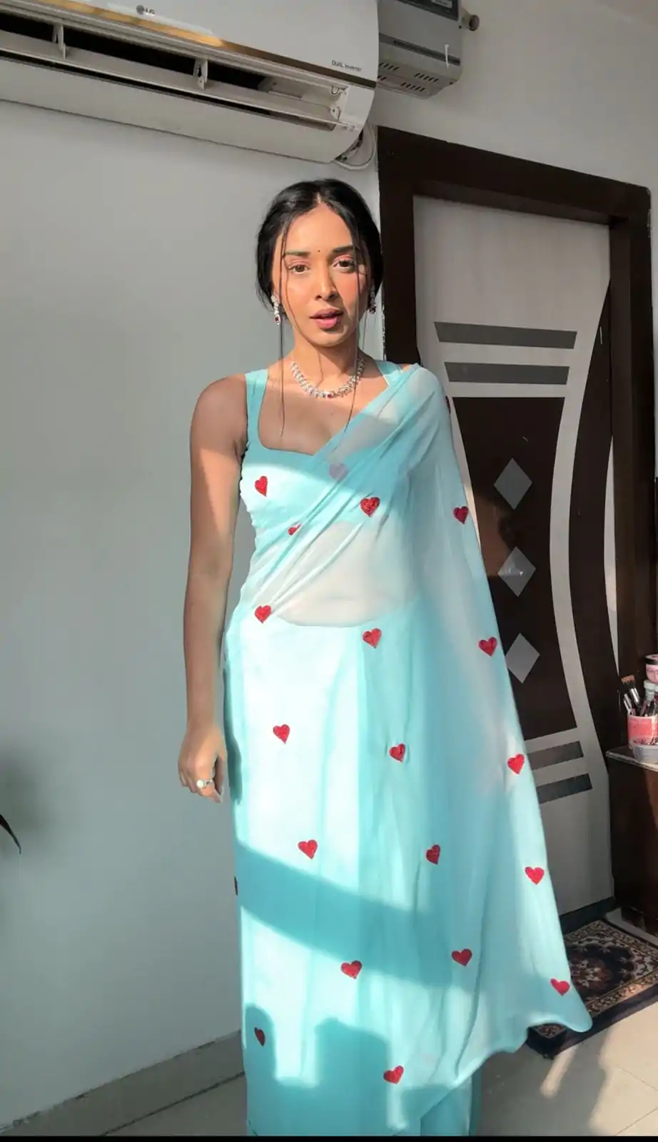 Classic Sky Blue soft Georgette silk with embroidery red color heart design Saree - Image 2