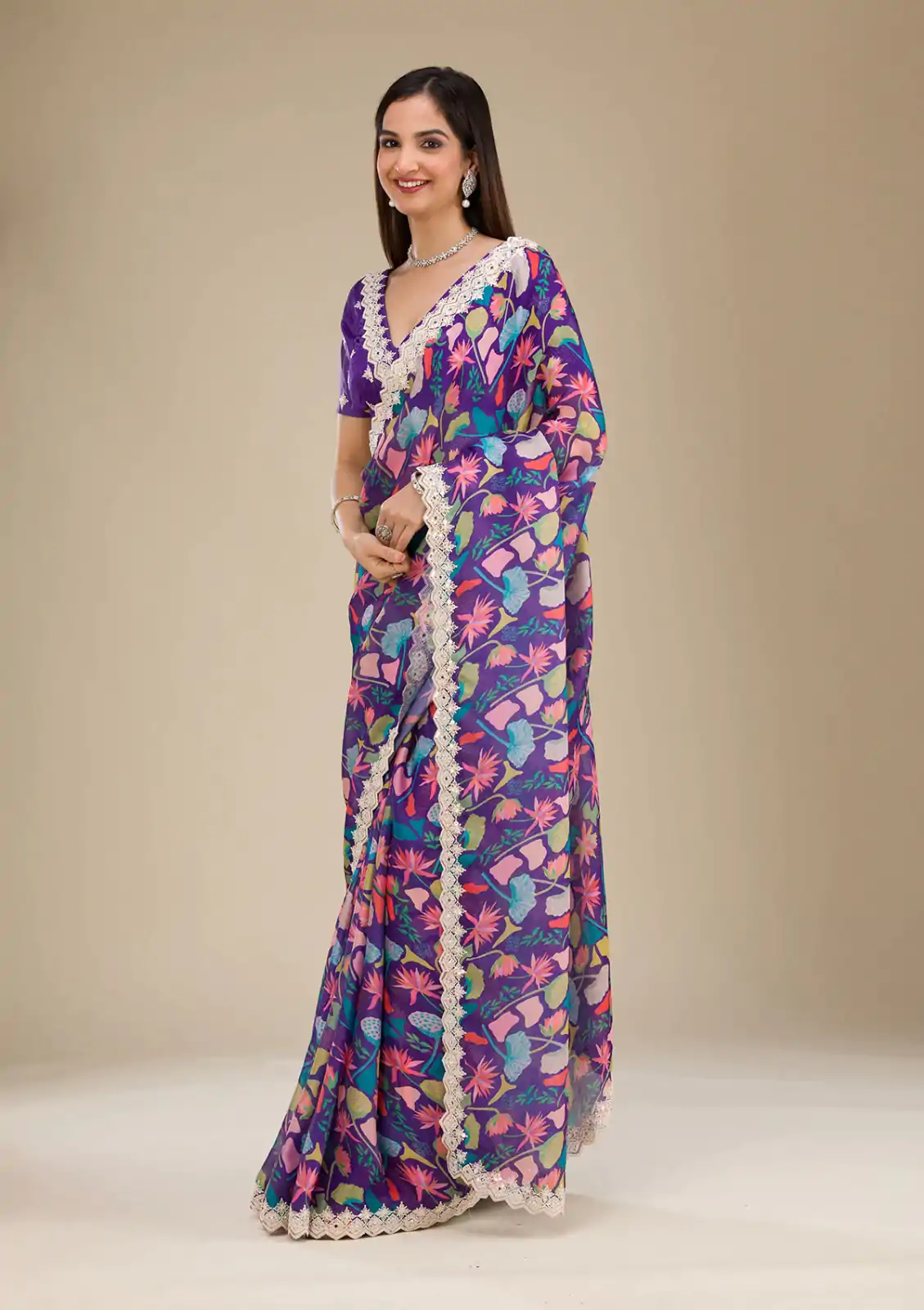 Wonderful Violet Color Georgette Digital Prints & Embroidery Codding Sequins Work Saree - Image 2