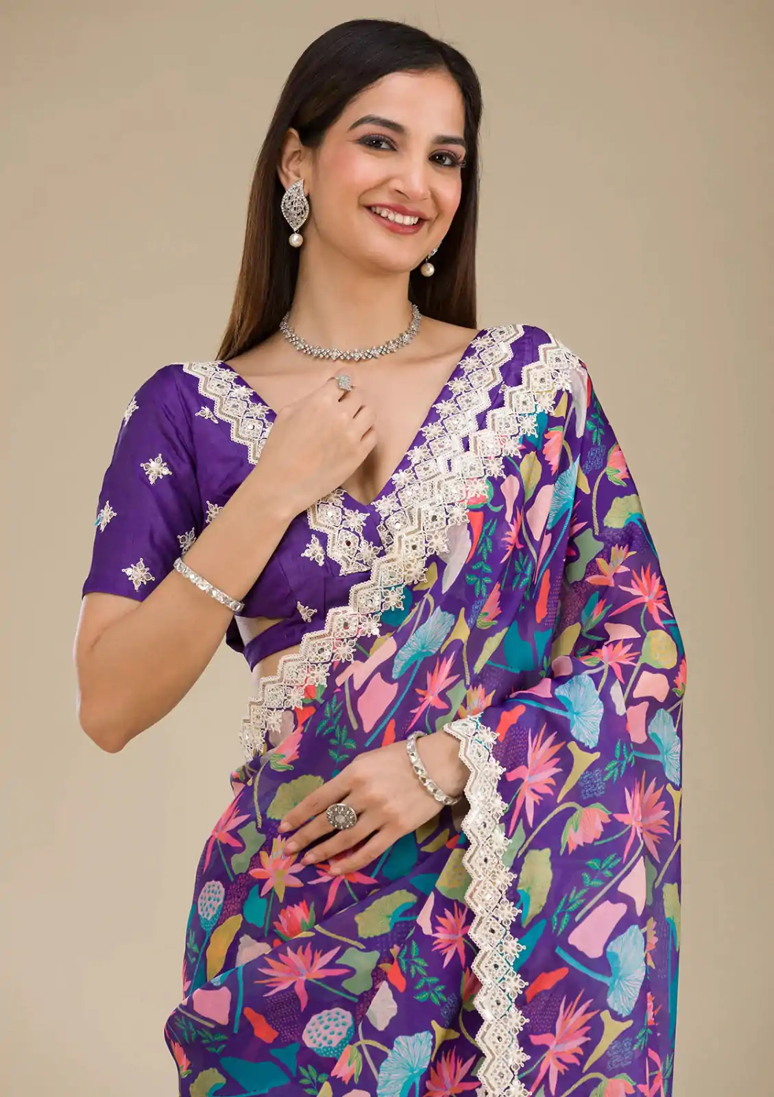 Wonderful Violet Color Georgette Digital Prints & Embroidery Codding Sequins Work Saree - Image 3