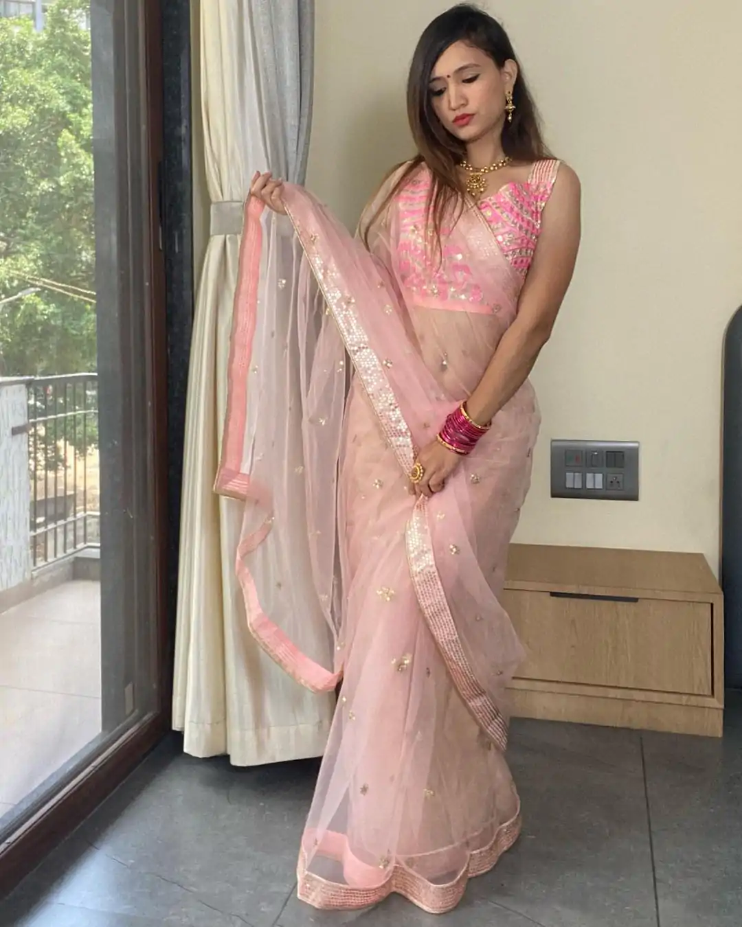 Excellent Pink Color Nylon Butterfly Net Fancy Multi Thread Lace With Sequins Work Saree - Image 3