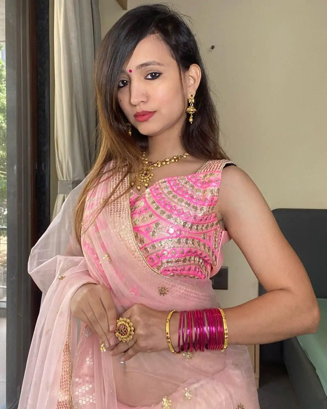Excellent Pink Color Nylon Butterfly Net Fancy Multi Thread Lace With Sequins Work Saree - Image 4