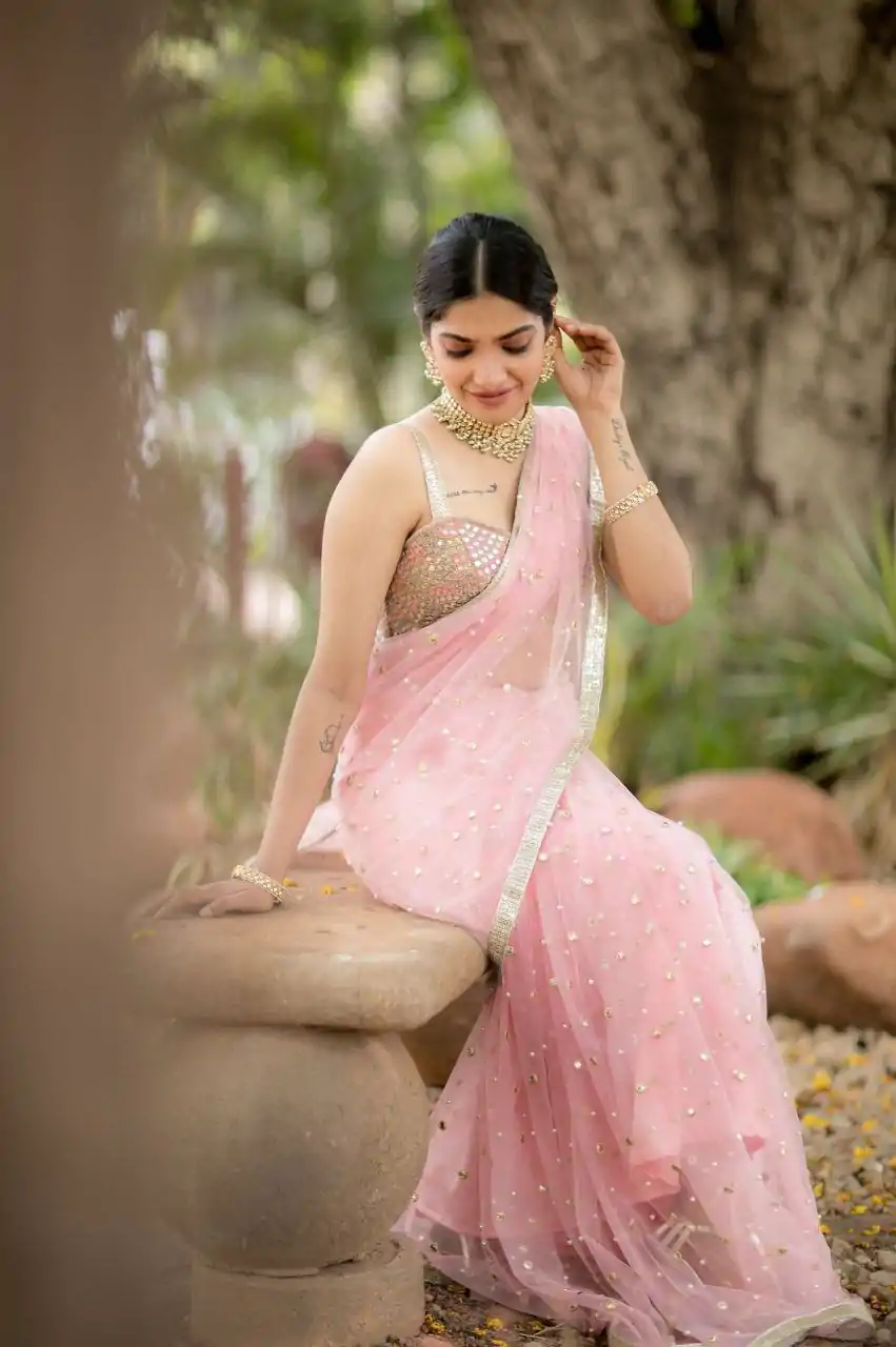 Excellent Pink Color Nylon Butterfly Net Fancy Multi Thread Lace With Sequins Work Saree - Image 5