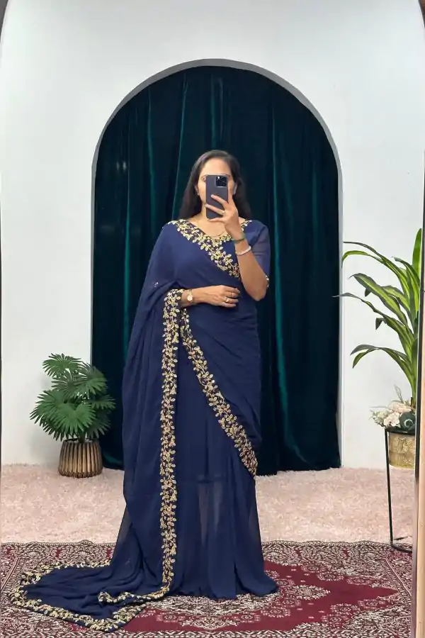 Exotic Navy Blue Color Faux Georgette Embroidery Work Border Stitched Saree-Gown