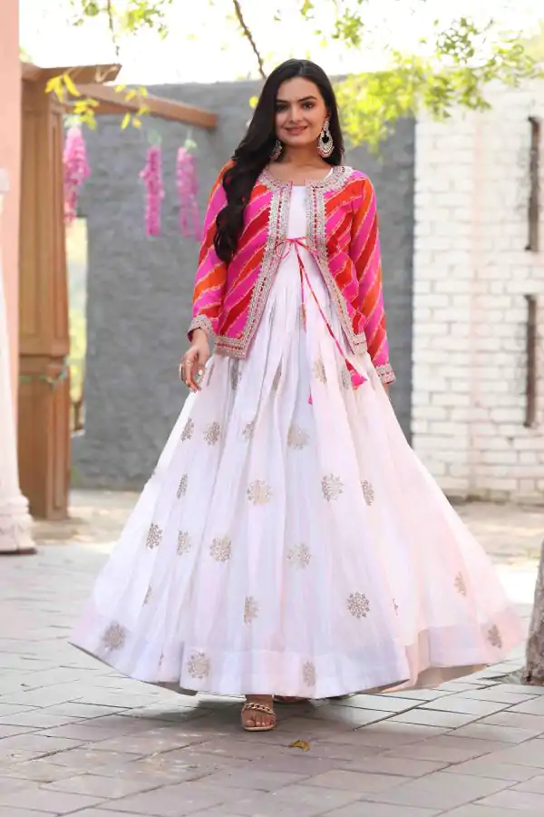 Exotic White Color Chinon Cording 3mm Sequence Embroidery Work Anarkali Gown