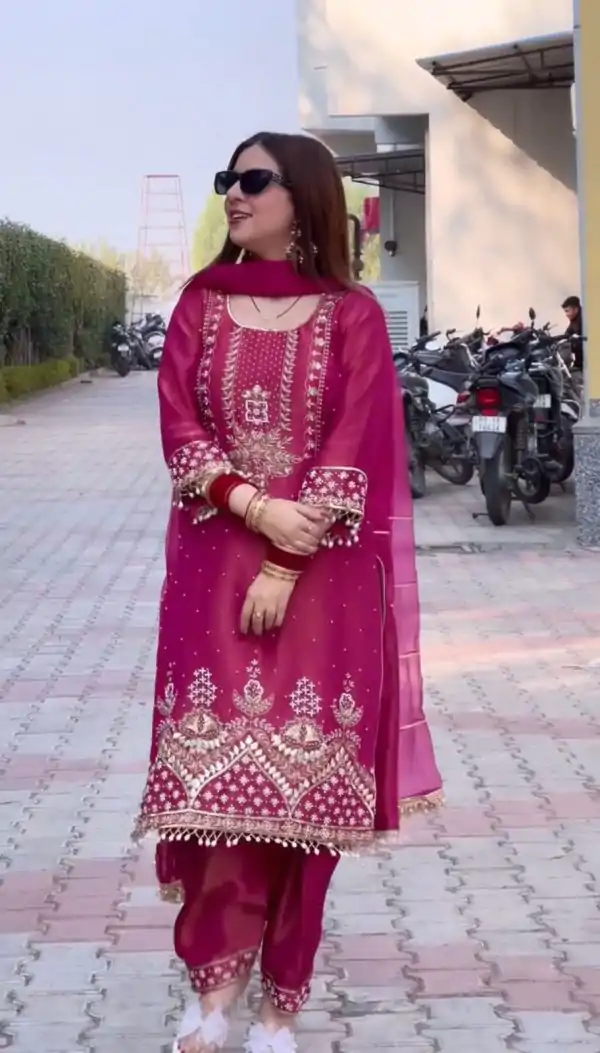 Extractive Red Color Roman Shimmer Silk Embroidery Sequences Work Peral Moti Salwar Suit