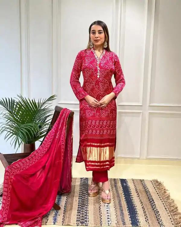 Fancy Red Color Chinon Silk Wide Digital Print Coding Work Salwar Suit