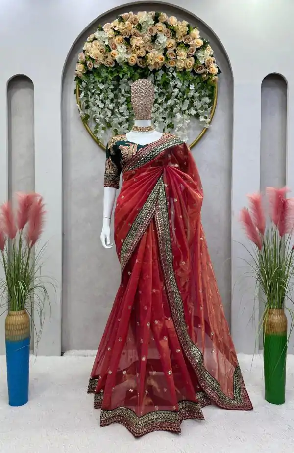 Fancy Red Color Twill Net Thread & Sequence work Saree