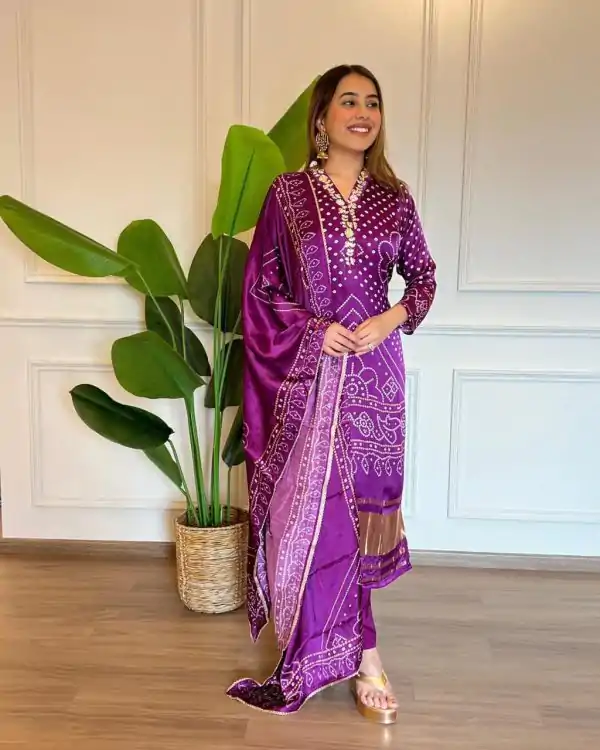 Fancy Violet Color Chinon Silk Wide Digital Print Coding Work Salwar Suit