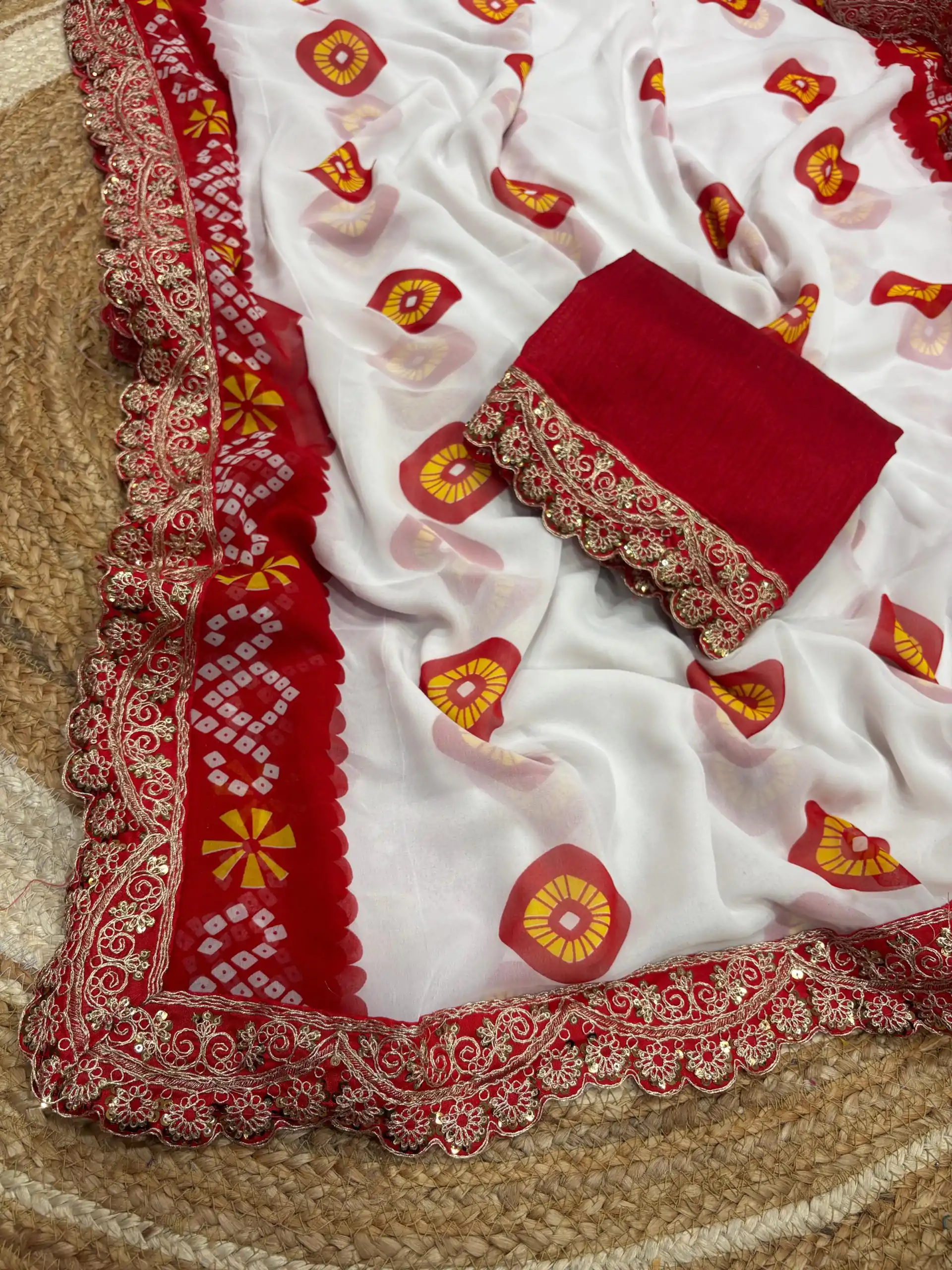 Fancy White Color Georgette Codding Sequence Cutwork Lace Border Saree - Image 2