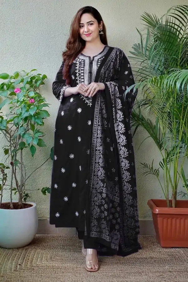 Fantastic Black Color Rayon Cotton With Embroidery Work Salwar Suit