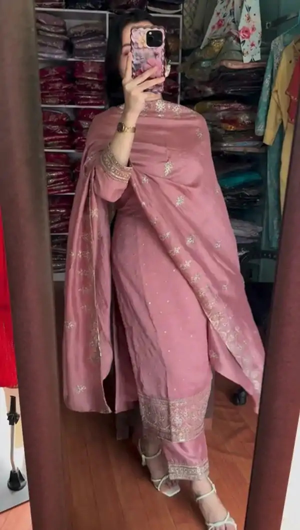 Fantastic Pink Color Chinon Silk With Embroidery Sequence Work Salwar Suit
