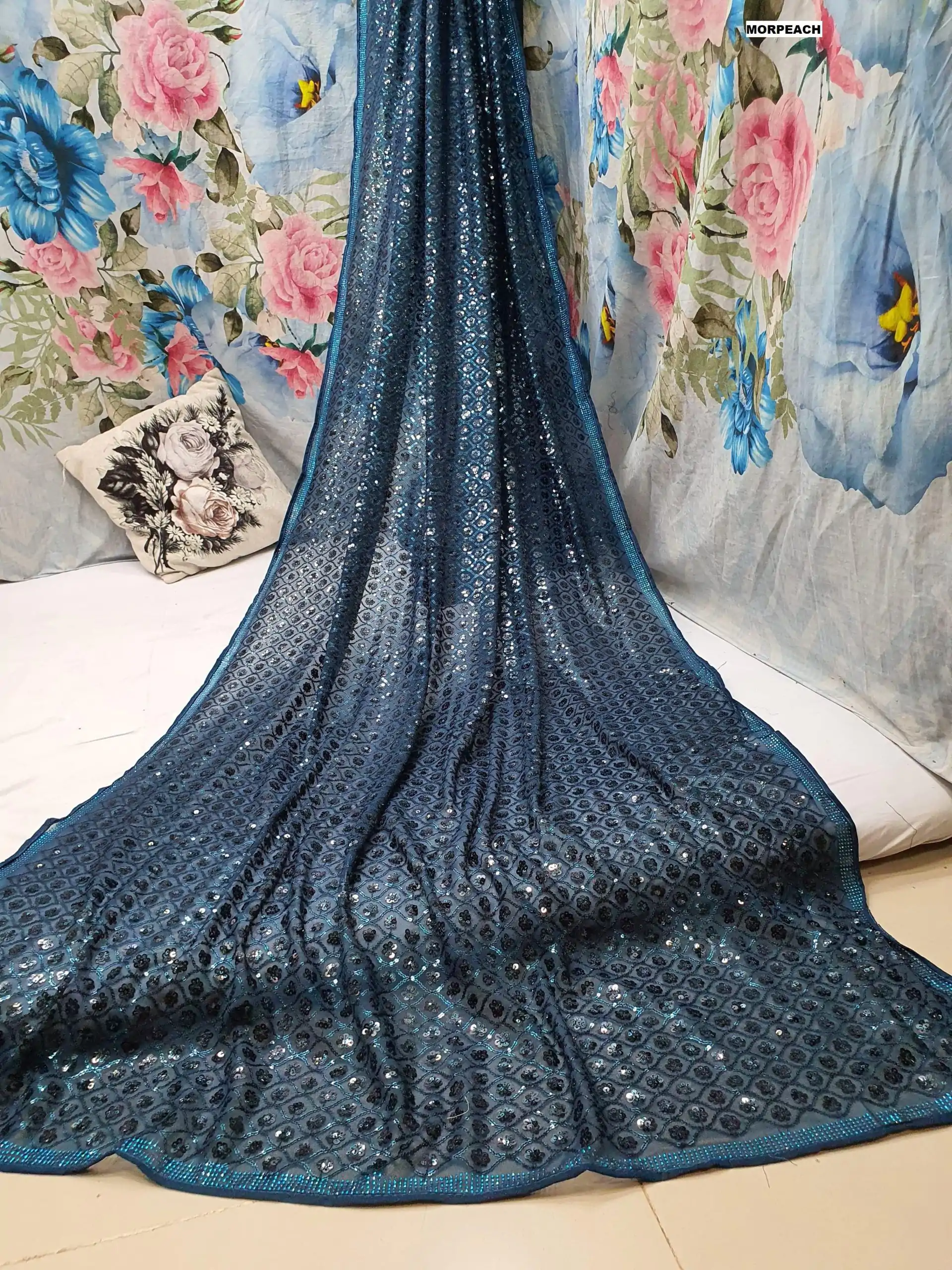 Glowing Dark Blue Color Georgette Dual Sequins 3MM & 5MM Embroidery Sequins Work Saree - Image 2