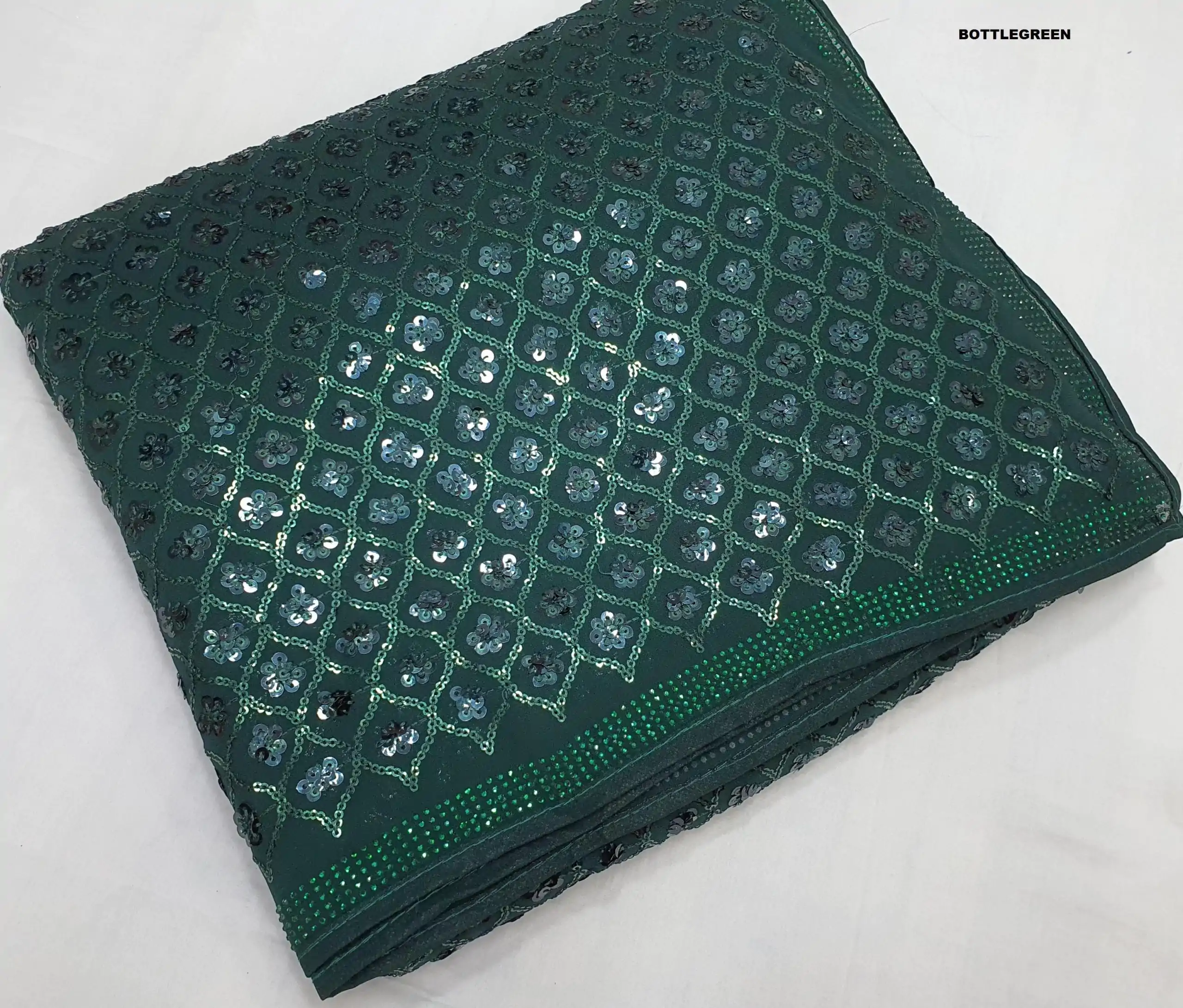 Glowing Green Color Georgette Dual Sequins 3MM & 5MM Embroidery Sequins Work Saree