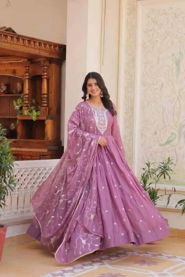 Glowing Light Purple Color Star Georgette Sequence Embroidery Work Anarkali Gown