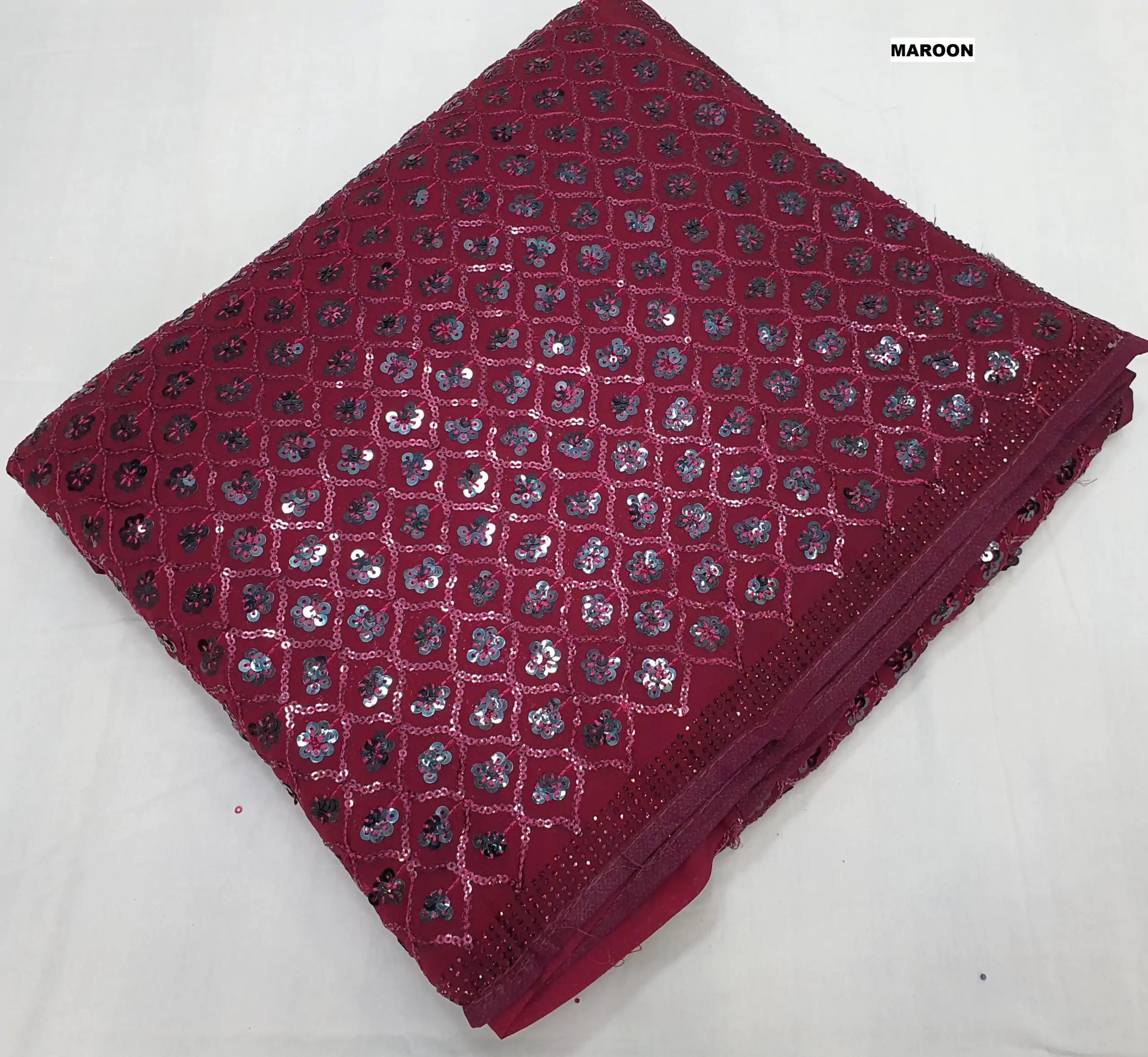 Glowing Marron Color Georgette Dual Sequins 3MM & 5MM Embroidery Sequins Work Saree