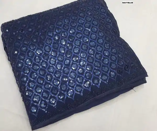 Glowing Navy Blue Color Georgette Dual Sequins 3MM & 5MM Embroidery Sequins Work Saree