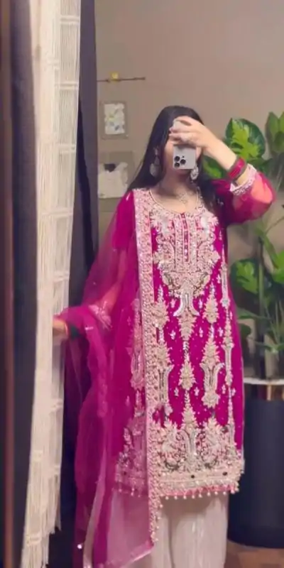 Glowing Pink Color Fox Georgette With Sequence Embroidery Work  Pari Lace Salwar Suit