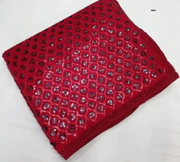 Glowing Red Color Georgette Dual Sequins 3MM & 5MM Embroidery Sequins Work Saree