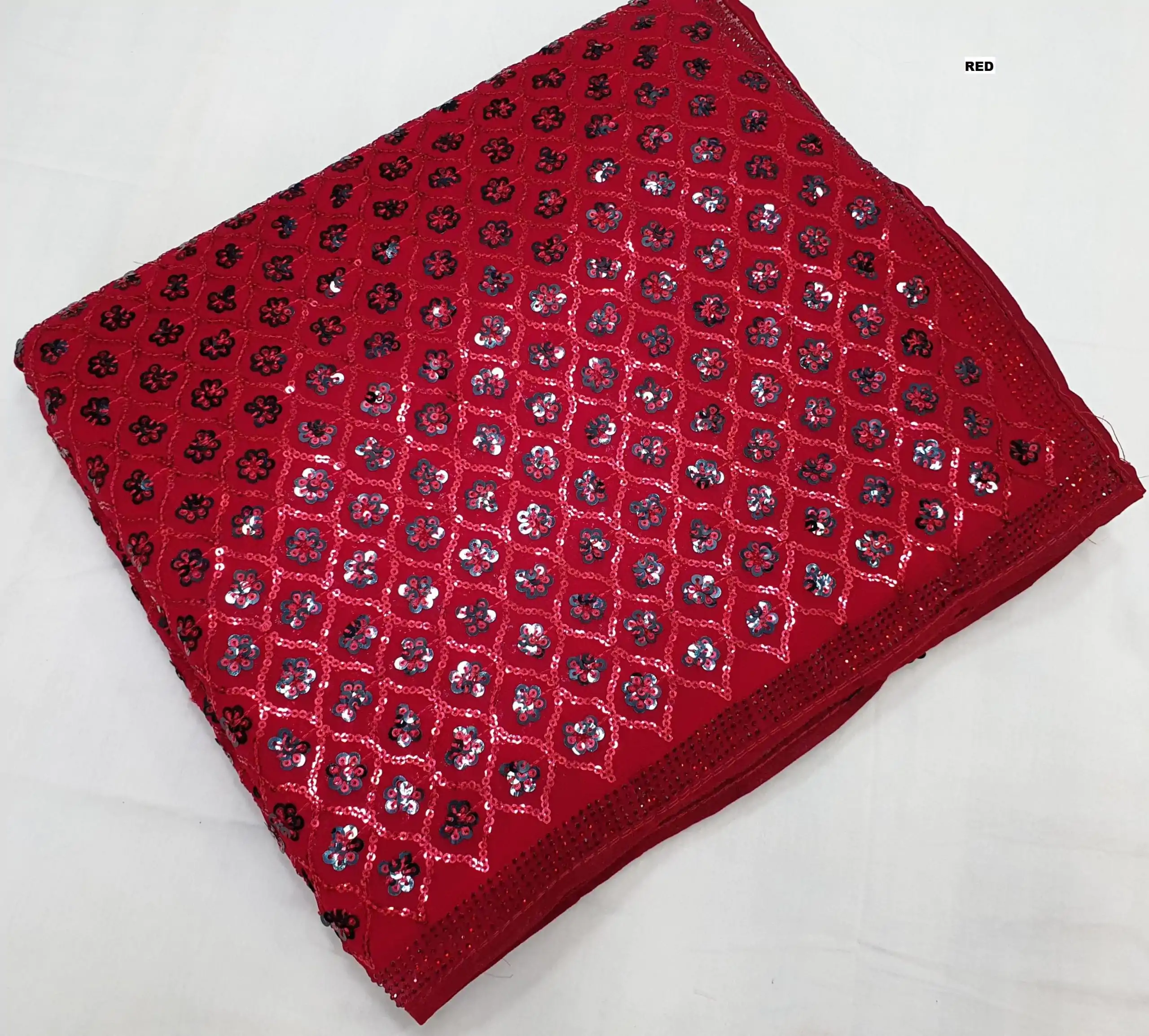 Glowing Red Color Georgette Dual Sequins 3MM & 5MM Embroidery Sequins Work Saree