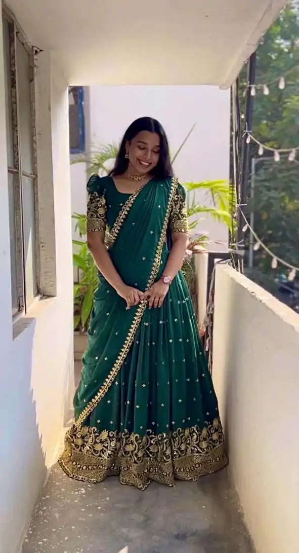Gorgeous Bottle Green Color Georgette Embroidery And Sequins Work Lehenga Choli