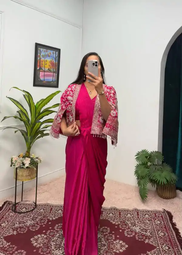 Magical Pink Color Chinnon With Fully Embroidery Koti Ready To Wear Saree