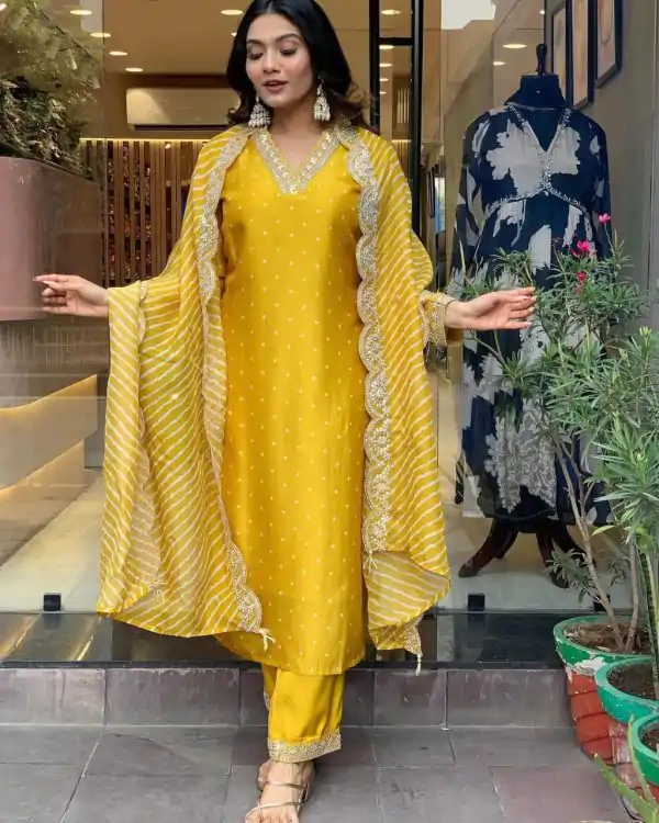 Magical Yellow Color Chinon Silk Wide Digital Print Coding Work Lace Salwar Suit
