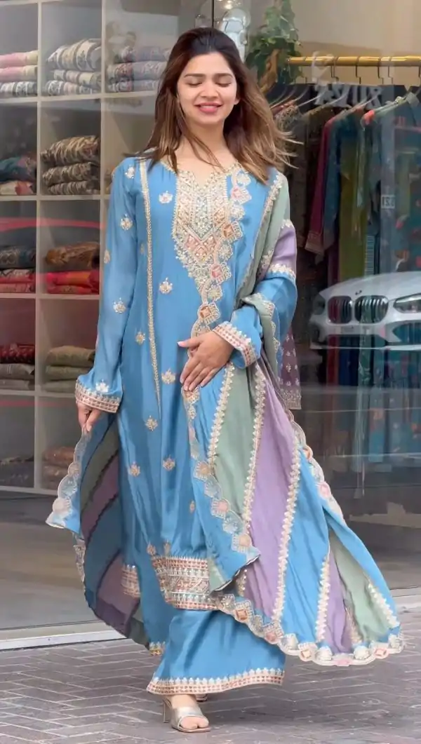 Perfect Sky Blue Color Faux Georgette With Embroidery Sequence Work Salwar Suit