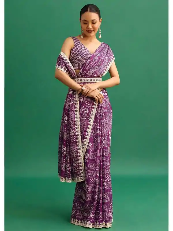 Presenting Purple Color Chinnon Silk Digital Prints Embroidery Codding Sequins Work Saree