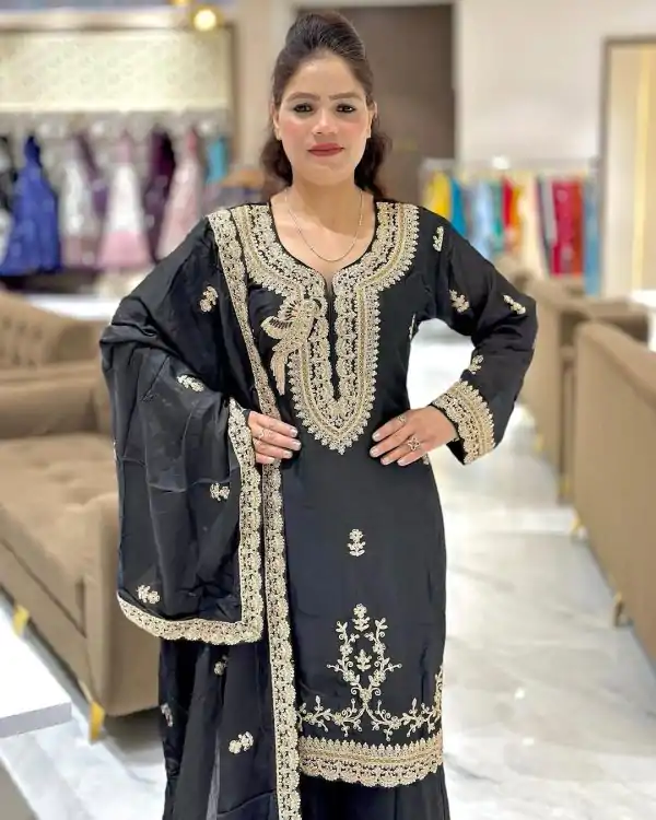 Pretty Black Color Faux Georgette With Embroidery Sequence Work Salwar Suit