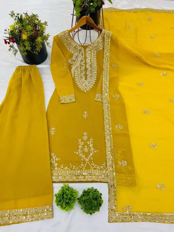 Pretty Yellow Color Faux Georgette With Embroidery Sequence Work Salwar Suit