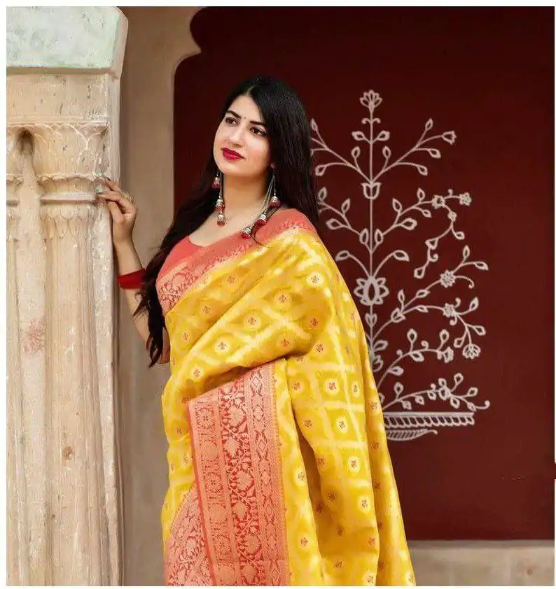Pretty Yellow Color Soft Lichi Silk Jacquard Work On All Over Saree - Image 2
