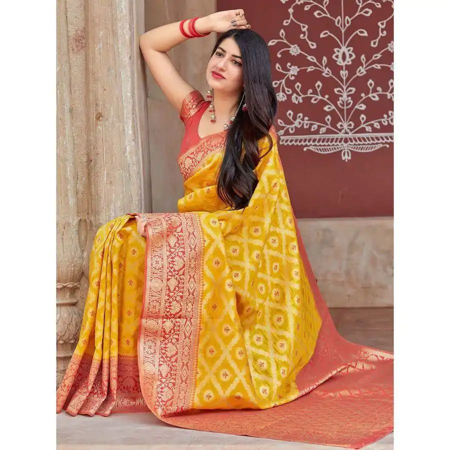 Pretty Yellow Color Soft Lichi Silk Jacquard Work On All Over Saree - Image 3